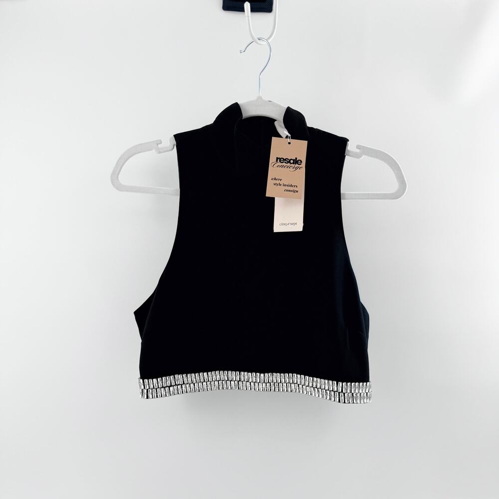 NWT Cinq a Sept Sleeveless Embellished Rhinestone Crop Tank Top Black Women's M